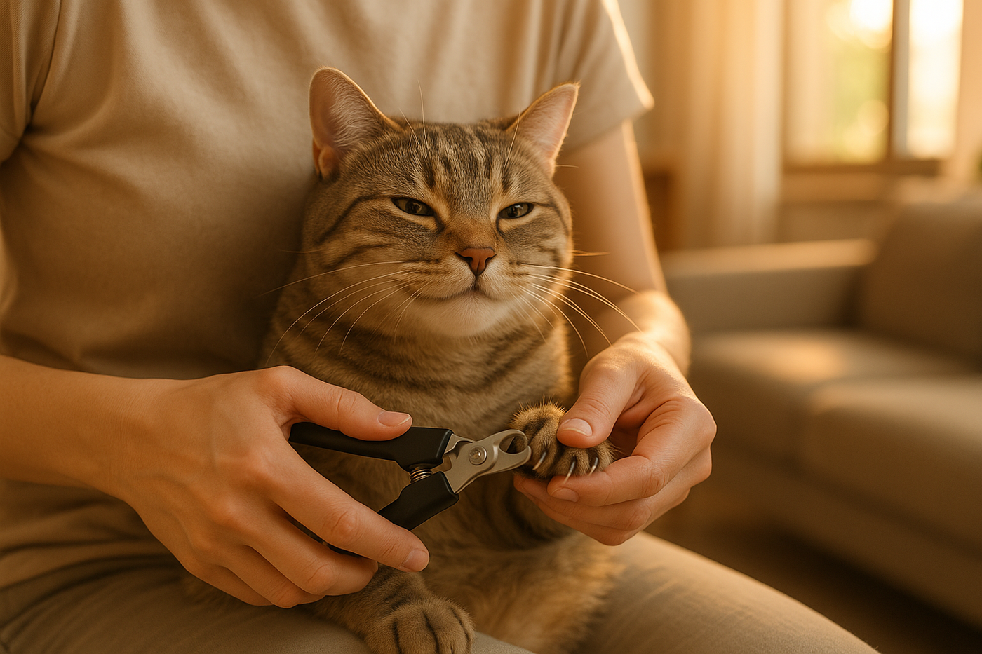 happy cat getting nail trim at home sunlight background professional 