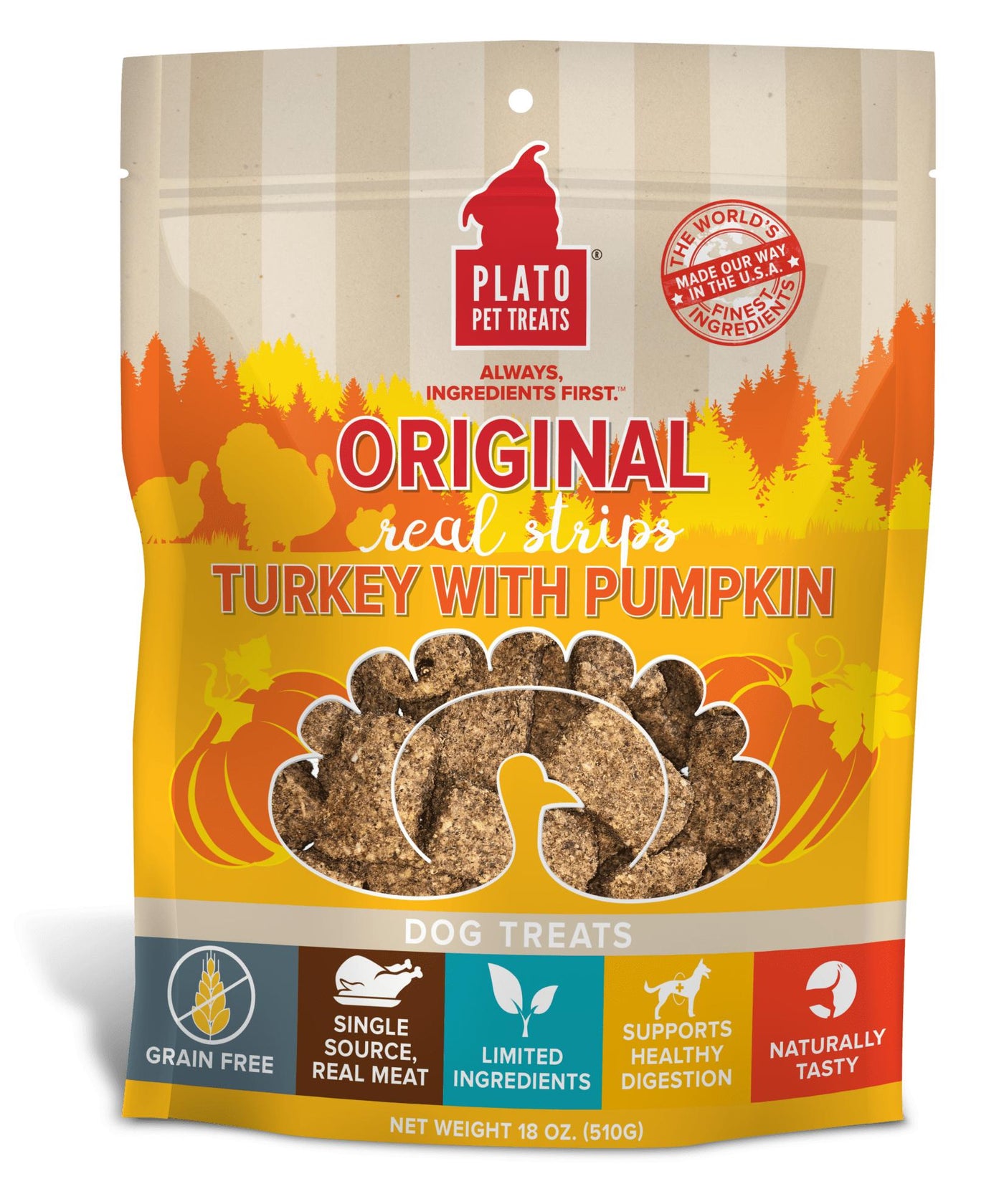 Plato Real Strips Dog Treats - Turkey with Pumpkin Meat Bar