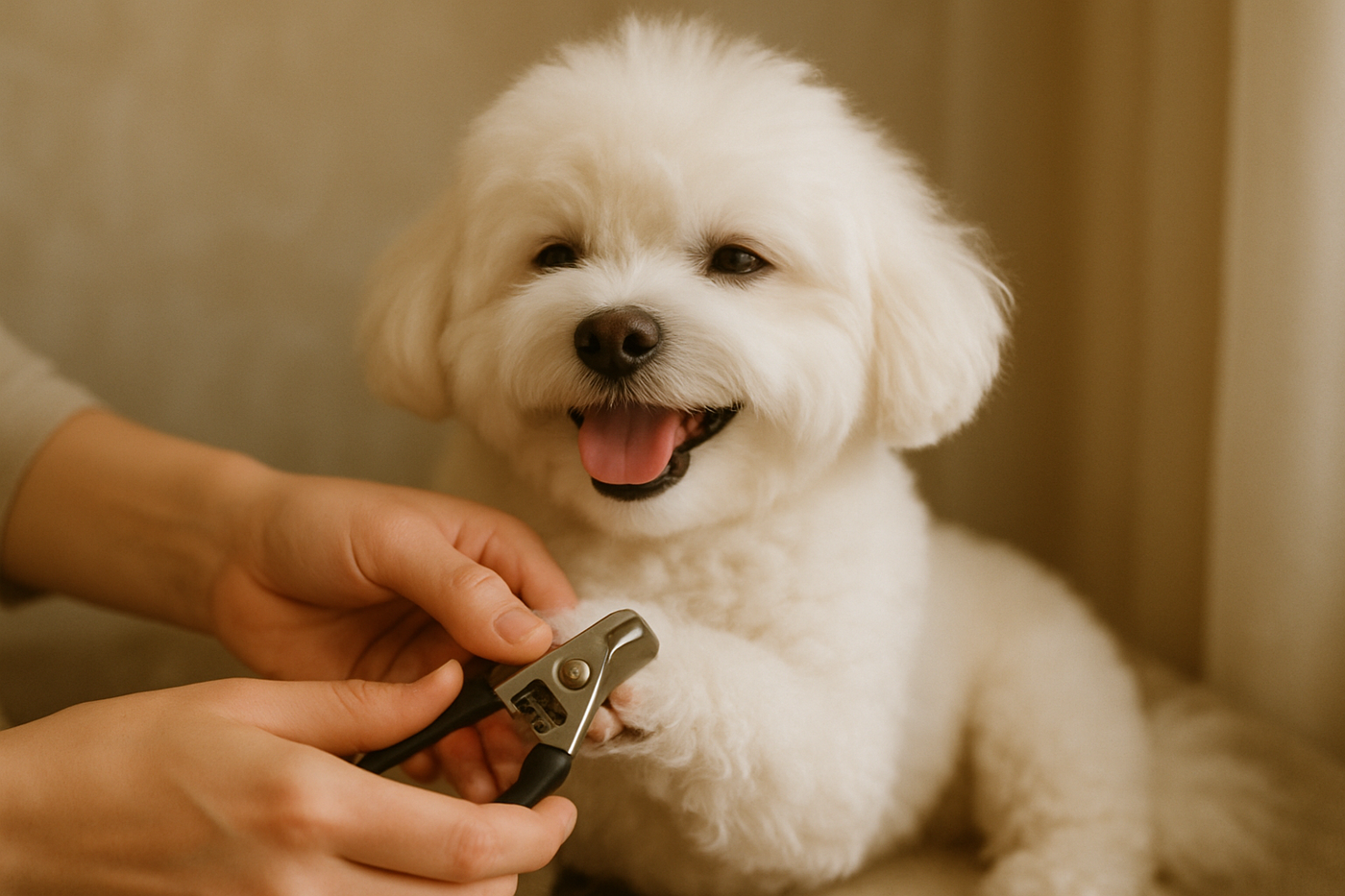 small white happy dog nail trim