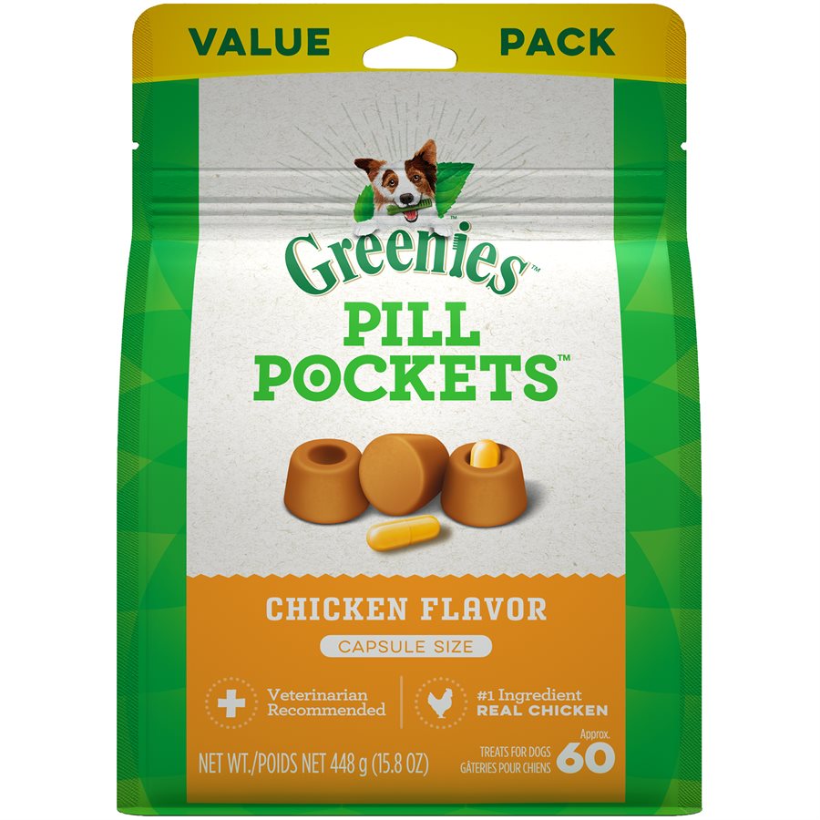 Greenies Canine Pill Pockets Treats Chicken Flavor for Capsules 15.8oz These all-natural treats are a healthier alternative to using human foods, because they have fewer calories and less fat and sodium.