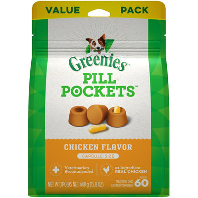 Greenies Canine Pill Pockets Treats Chicken Flavor for Capsules 15.8oz These all-natural treats are a healthier alternative to using human foods, because they have fewer calories and less fat and sodium.