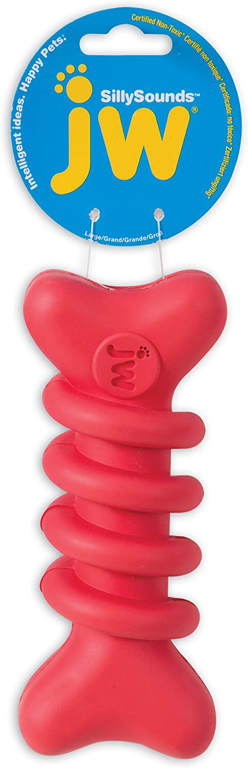 JW SIlly Sounds Spiral Bone Squeak Toy Rubber Red