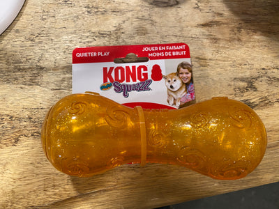 The Kong Squeezz Dumbbell is a great dog toy for fetch. The fun bounce quiet crackle  dumbell