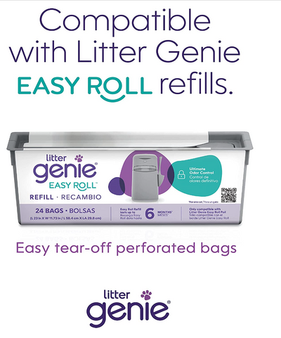 Litter Genie Easy Roll Pail, Système d'élimination de la litière pour chat, Contrôle ultime des odeurs, Nettoyage sans effort Comprend 1 recharge avec 24 sacs